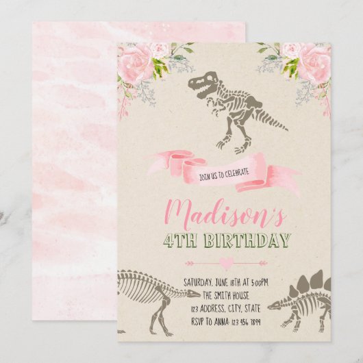 Girl dinosaur partijuitnodiging kaart (Voorkant / Achterkant)