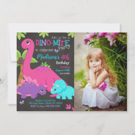 Girl Dinosaur Photo Birthday Invitation Dino Party Kaart
