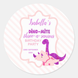 Girl Dinosaur Pink Birthday Party Ronde Sticker