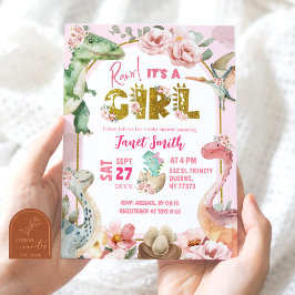 Girl Dinosaur Pink Jurassic Baby shower Kaart