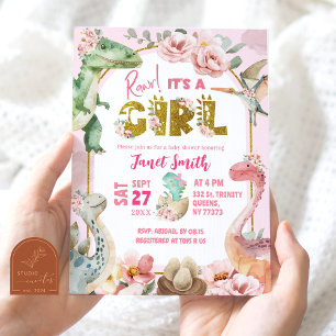 Girl Dinosaur Pink Jurassic Baby shower Kaart