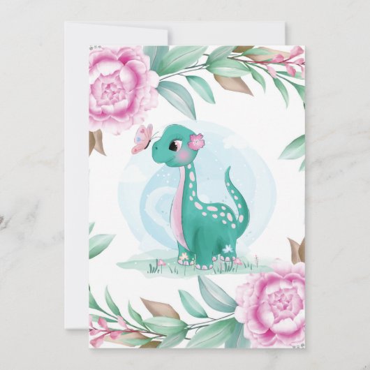 Girl Dinosaur Pink Peony zeg niet dat Baby Invites (Achterkant)