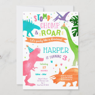 Girl Dinosaur T-rex Birthday Party Kaart