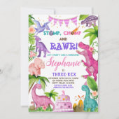 Girl Dinosaur Three-Rex 3rd Birthday Party roze in Kaart (Voorkant)