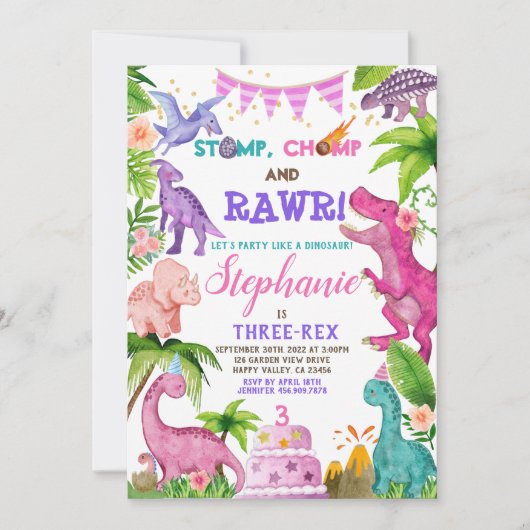 Girl Dinosaur Three-Rex 3rd Birthday Party roze in Kaart (Voorkant)