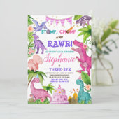 Girl Dinosaur Three-Rex 3rd Birthday Party roze in Kaart (Staand voorkant)