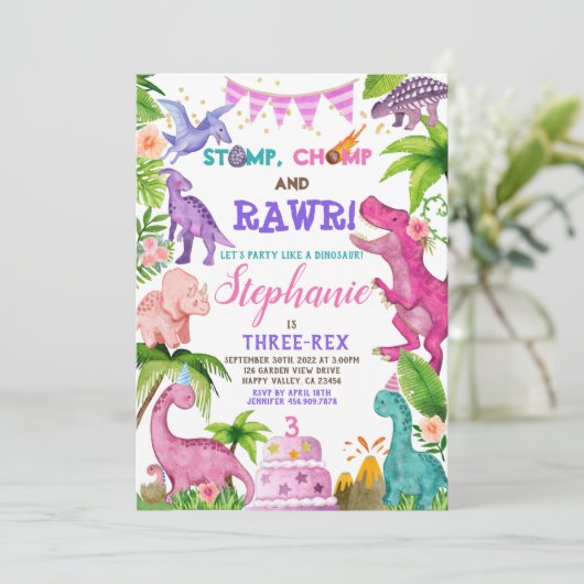Girl Dinosaur Three-Rex 3rd Birthday Party roze in Kaart (Staand voorkant)