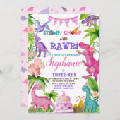 Girl Dinosaur Three-Rex 3rd Birthday Party roze in Kaart (Voorkant / Achterkant)