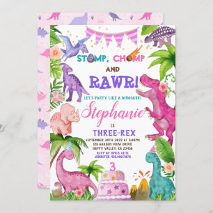 Girl Dinosaur Three-Rex 3rd Birthday Party roze in Kaart