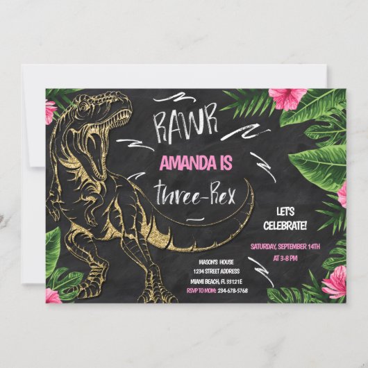 Girl Dinosaur Three-Rex Birthday Invitation Kaart (Voorkant)