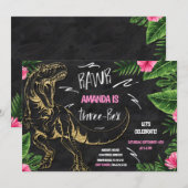 Girl Dinosaur Three-Rex Birthday Invitation Kaart (Voorkant / Achterkant)