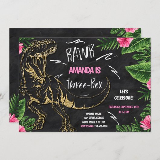 Girl Dinosaur Three-Rex Birthday Invitation Kaart (Voorkant / Achterkant)