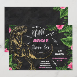 Girl Dinosaur Three-Rex Birthday Invitation Kaart