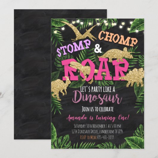 Girl Dinosaur Tropical Birthday Invitation Kaart (Voorkant / Achterkant)
