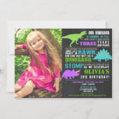 Girl dinosaur verjaardag blauwgroen paarse foto kaart (Voorkant)