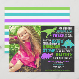 Girl dinosaur verjaardag blauwgroen paarse foto kaart
