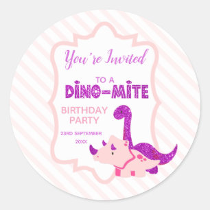 Girl Dinosaur You're Invited to a Birthday Party Ronde Sticker