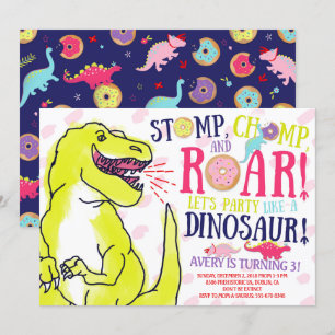 Girl Dinosaurs en Donuts Birthday Invitation Kaart