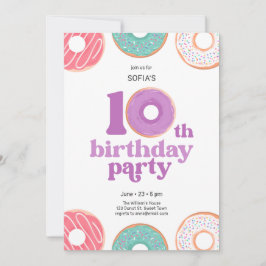 Girl donut 10th Birthday Party Invitation Kaart