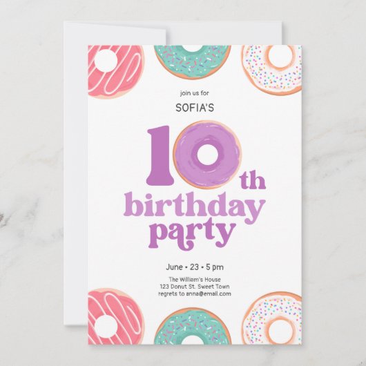 Girl donut 10th Birthday Party Invitation Kaart (Voorkant)