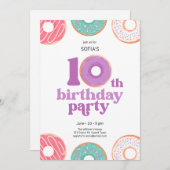 Girl donut 10th Birthday Party Invitation Kaart (Voorkant / Achterkant)