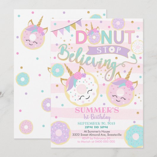 Girl Donut Unicorn 1e verjaardag Uitnodiging (Voorkant / Achterkant)