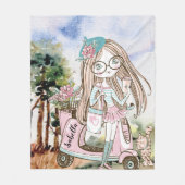 Girl Doodle Scooter Persoonlijke naam Fleece Deken (Voorkant)