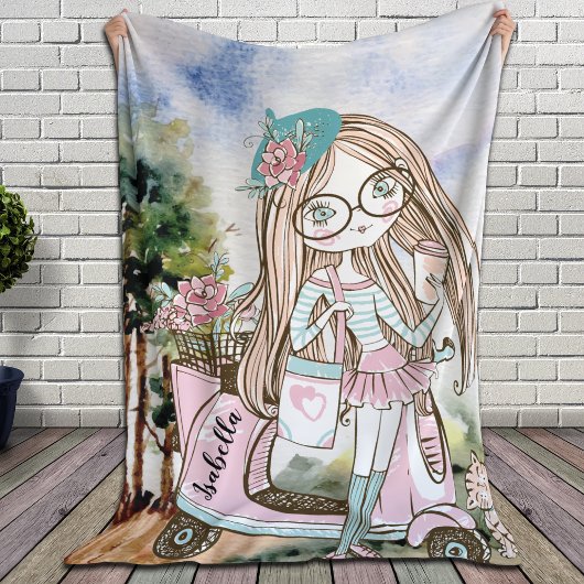  Girl Doodle Scooter Persoonlijke naam Sherpa Deken