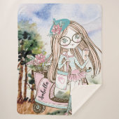  Girl Doodle Scooter Persoonlijke naam Sherpa Deken (Voorkant)