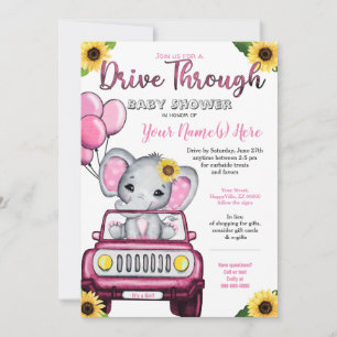 Girl drive by Baby shower Elephant Sunflower Kaart