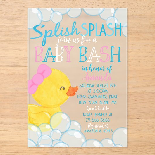 Girl Duck Baby shower Frosted Acryl Uitnodiging (Voorkant)