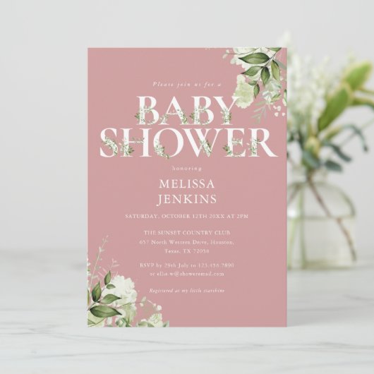 Girl Dusty Roos Pink Greenery Pink Baby shower Kaart (Staand voorkant)