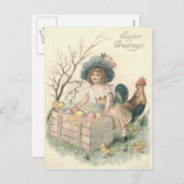 Girl Easter Chick Rooster Colored Egg Feestdagenkaart (Voorkant / Achterkant)