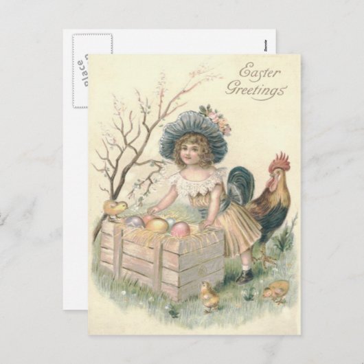 Girl Easter Chick Rooster Colored Egg Feestdagenkaart (Voorkant / Achterkant)