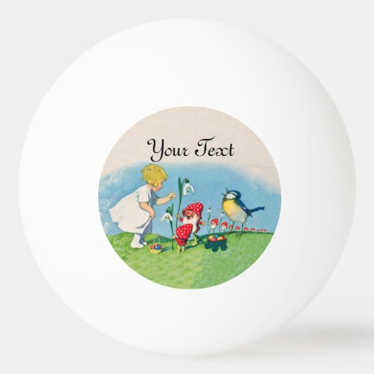 Girl Easter Lilly Gnome Elves Singing Bird Basket Pingpongbal (Voorkant)