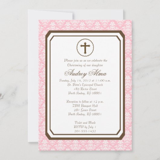 Girl Elegant Christening Invitation - Roze Kaart (Voorkant)