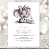 Girl Elephant 1st Birthday Party Invitation Kaart
