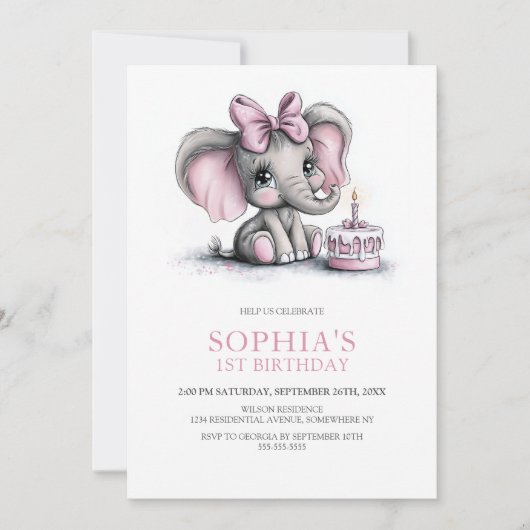 Girl Elephant 1st Birthday Party Invitation Kaart (Voorkant)