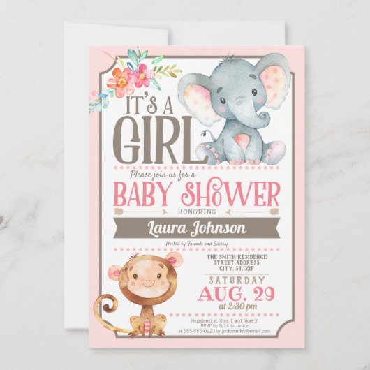 Girl Elephant and Monkey Baby shower Invitation Kaart (Voorkant)
