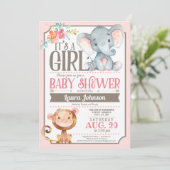 Girl Elephant and Monkey Baby shower Invitation Kaart (Staand voorkant)