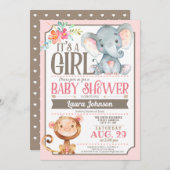Girl Elephant and Monkey Baby shower Invitation Kaart (Voorkant / Achterkant)
