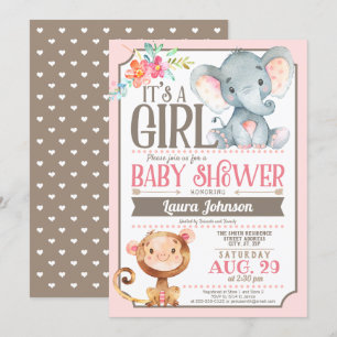 Girl Elephant and Monkey Baby shower Invitation Kaart