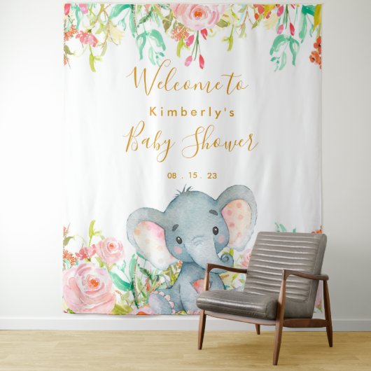 Girl Elephant Baby shower Backdrop Wandkleed (In situ)