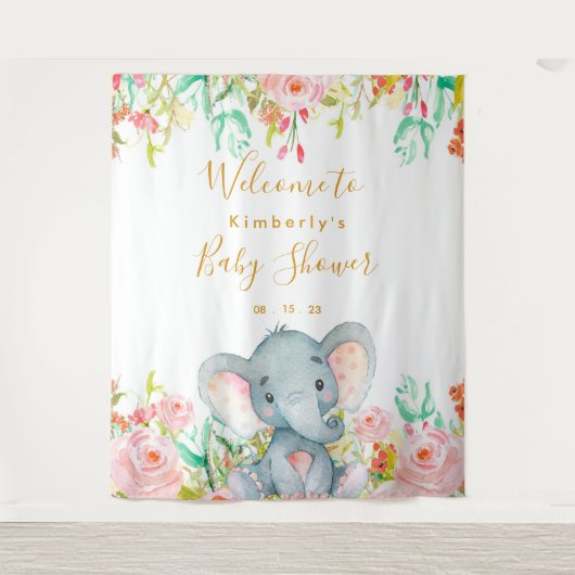 Girl Elephant Baby shower Backdrop Wandkleed (Voorkant)