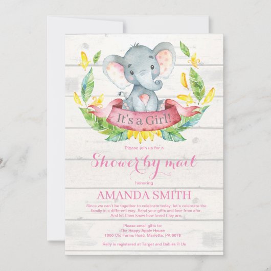 Girl Elephant Baby shower by Mail Invitation Kaart (Voorkant)