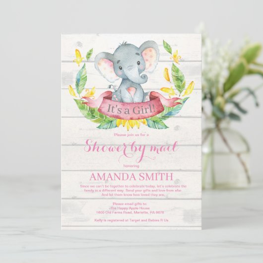 Girl Elephant Baby shower by Mail Invitation Kaart (Staand voorkant)