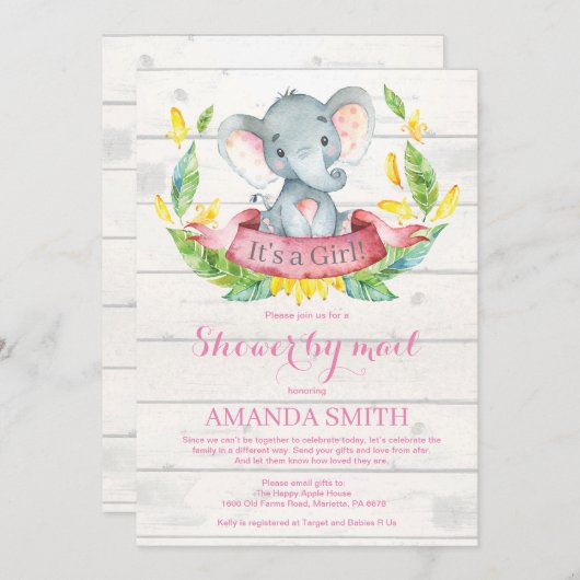 Girl Elephant Baby shower by Mail Invitation Kaart (Voorkant / Achterkant)