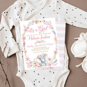Girl Elephant Baby shower Floral Kaart