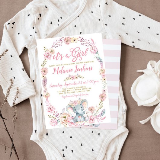 Girl Elephant Baby shower Floral Kaart
