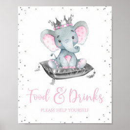 Girl Elephant Baby Shower Food Table Signs Poster